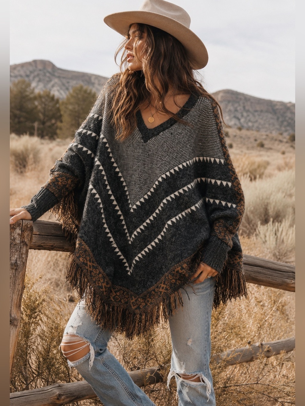 Dreamers Fringe Poncho Style Sweater M/L Charcoal Gray Tribal Boho Western Cape